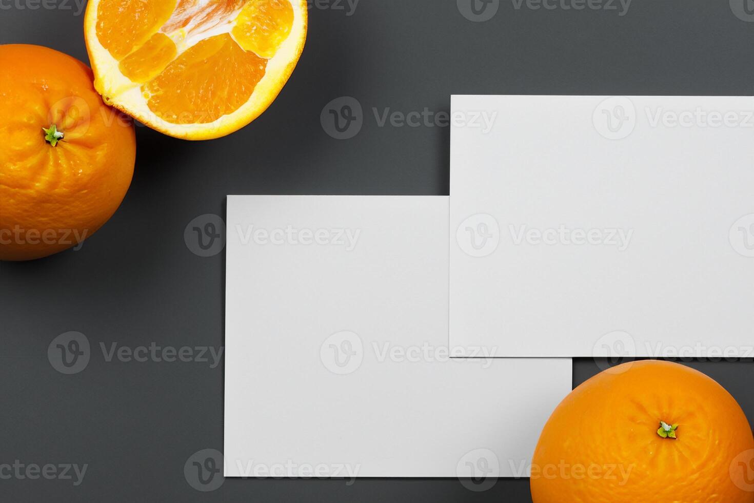 White Paper Mockup Enlivened by the Zesty Aura of Fresh Oranges, Crafting a Visual Symphony of Culinary Opulence and Wholesome Design photo