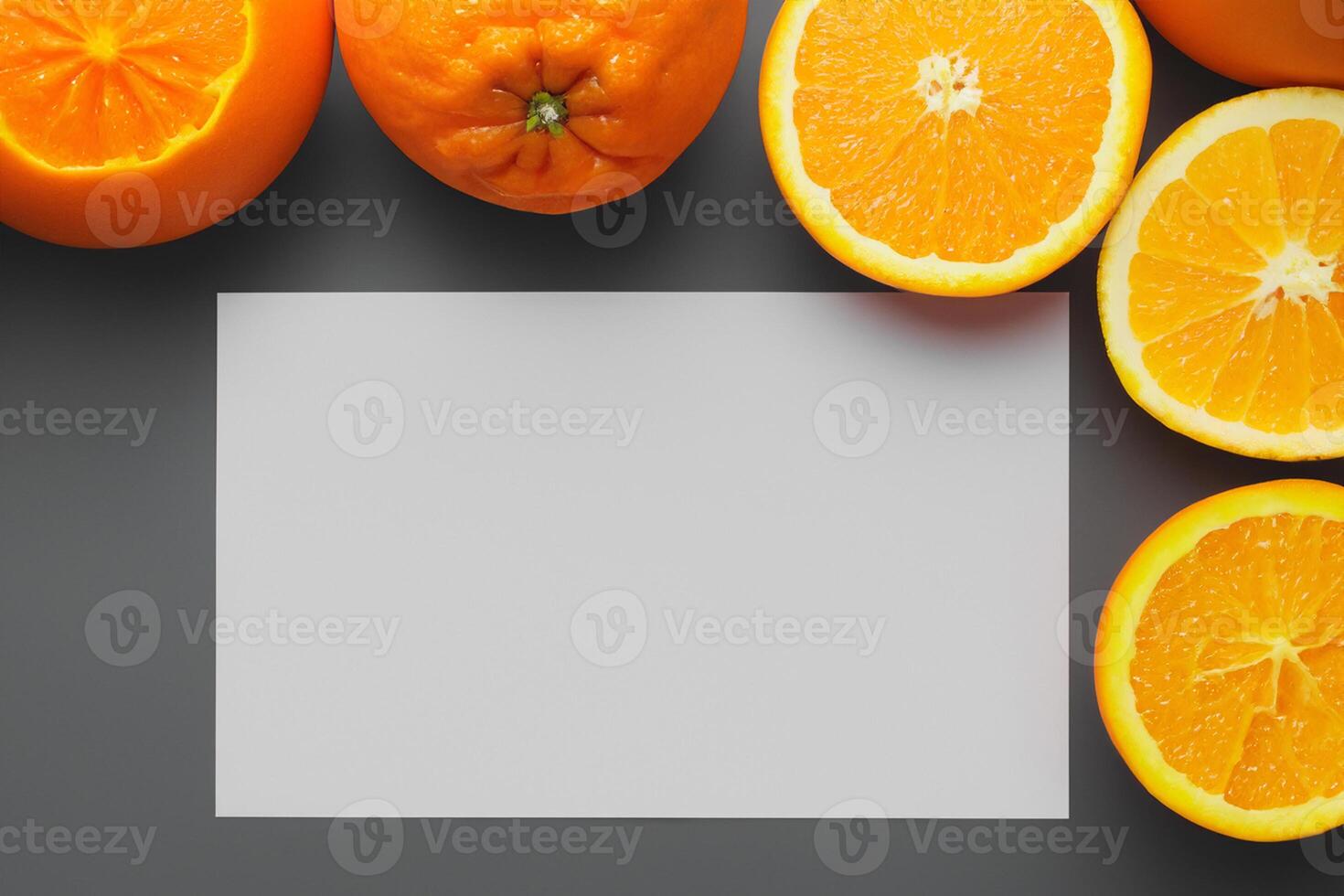 Generated imageWhite Paper Mockup Enlivened by the Zesty Aura of Fresh Oranges, Crafting a Visual Symphony of Culinary Opulence and Wholesome Design photo