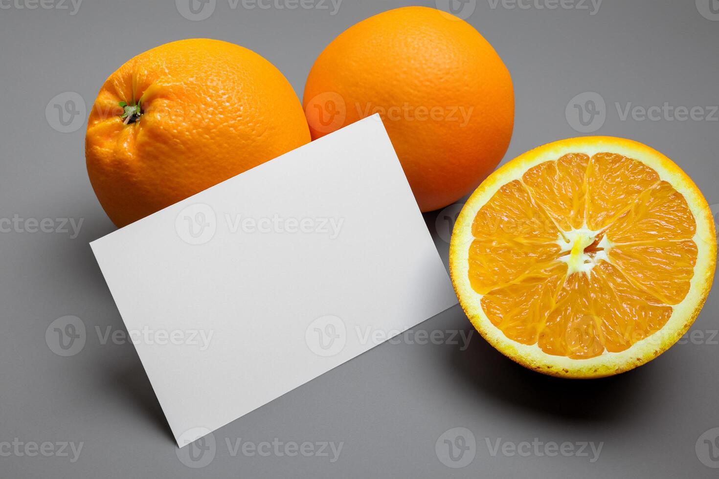 Generated imageWhite Paper Mockup Enlivened by the Zesty Aura of Fresh Oranges, Crafting a Visual Symphony of Culinary Opulence and Wholesome Design photo