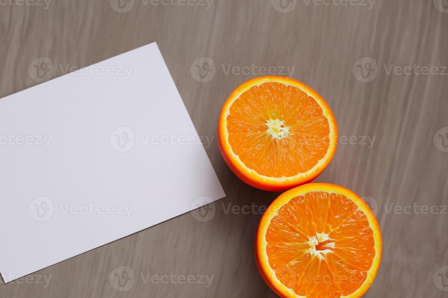 Generated imageWhite Paper Mockup Enlivened by the Zesty Aura of Fresh Oranges, Crafting a Visual Symphony of Culinary Opulence and Wholesome Design photo