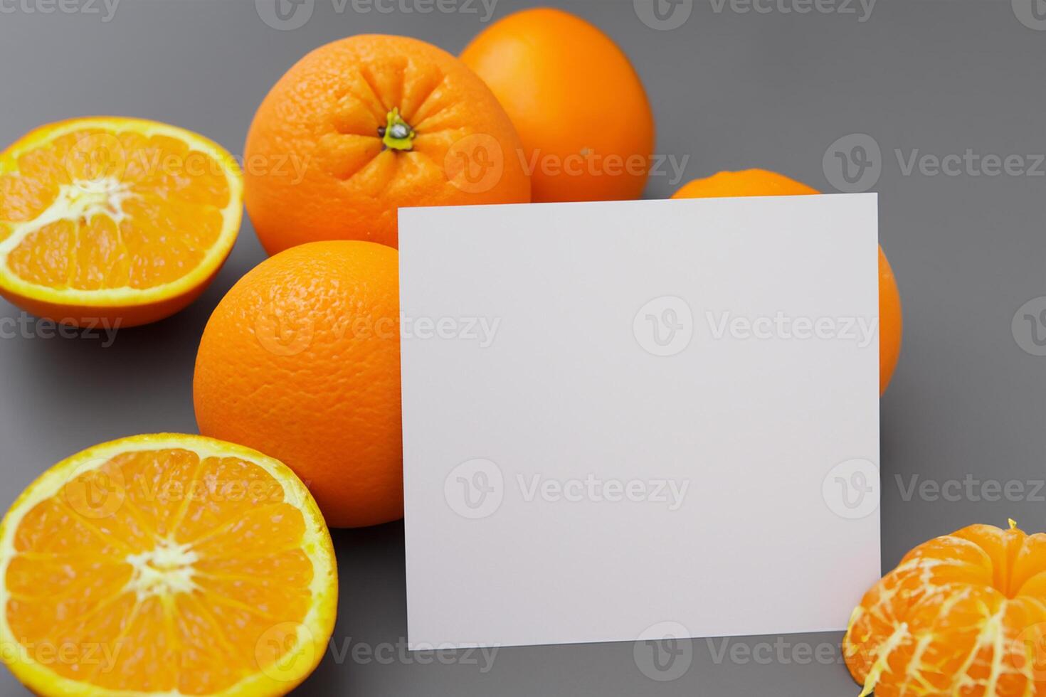 Generated imageWhite Paper Mockup Enlivened by the Zesty Aura of Fresh Oranges, Crafting a Visual Symphony of Culinary Opulence and Wholesome Design photo