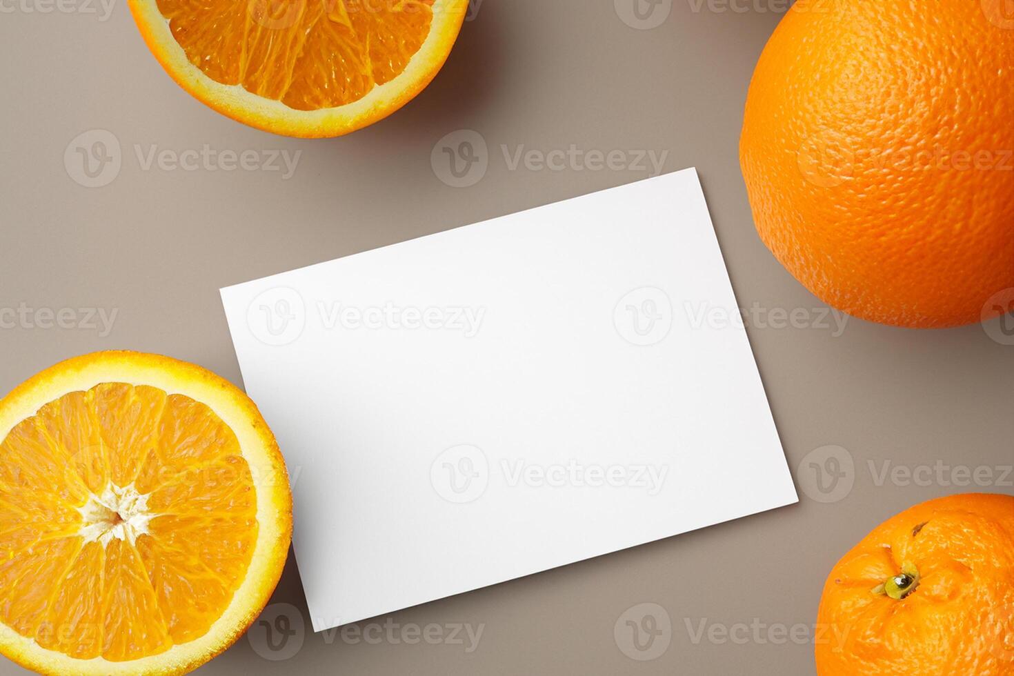 Generated imageWhite Paper Mockup Enlivened by the Zesty Aura of Fresh Oranges, Crafting a Visual Symphony of Culinary Opulence and Wholesome Design photo