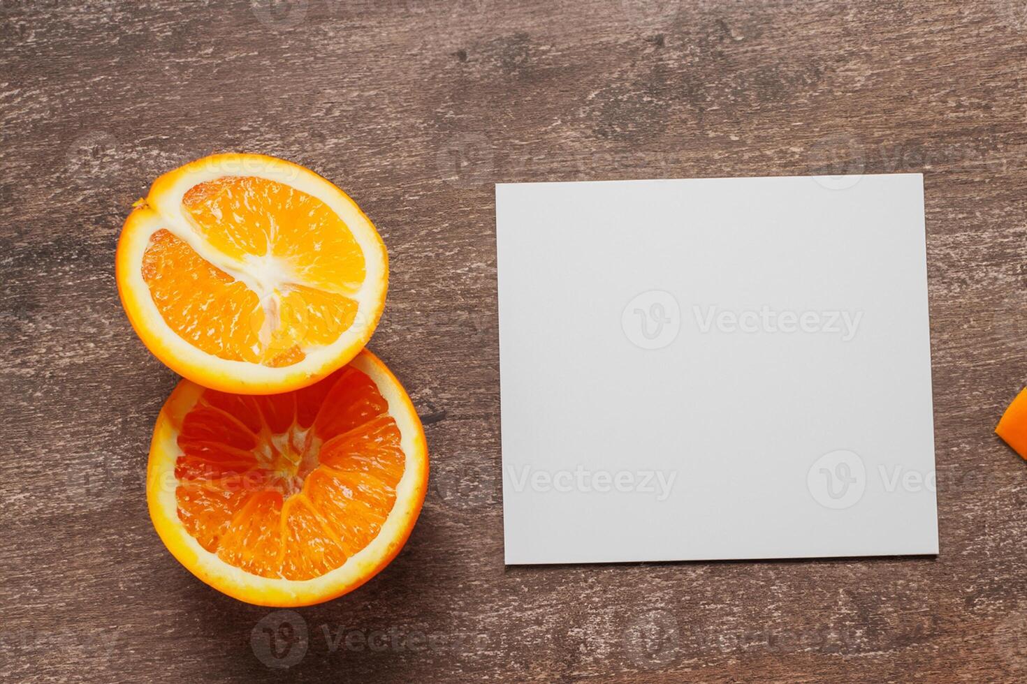 Generated imageWhite Paper Mockup Enlivened by the Zesty Aura of Fresh Oranges, Crafting a Visual Symphony of Culinary Opulence and Wholesome Design photo
