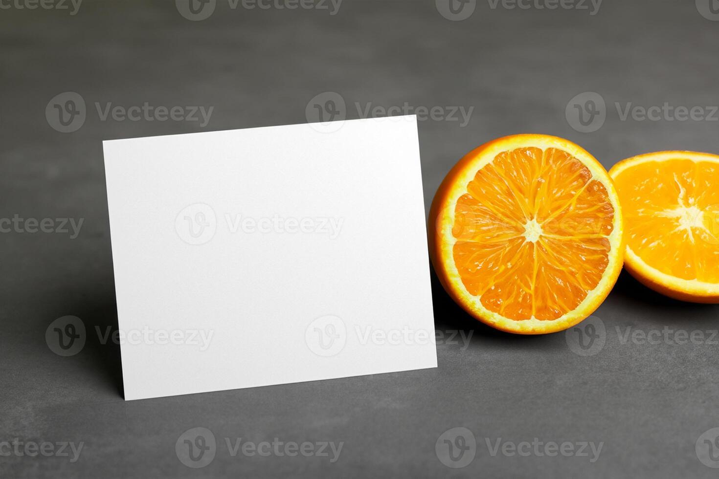 Generated imageWhite Paper Mockup Enlivened by the Zesty Aura of Fresh Oranges, Crafting a Visual Symphony of Culinary Opulence and Wholesome Design photo