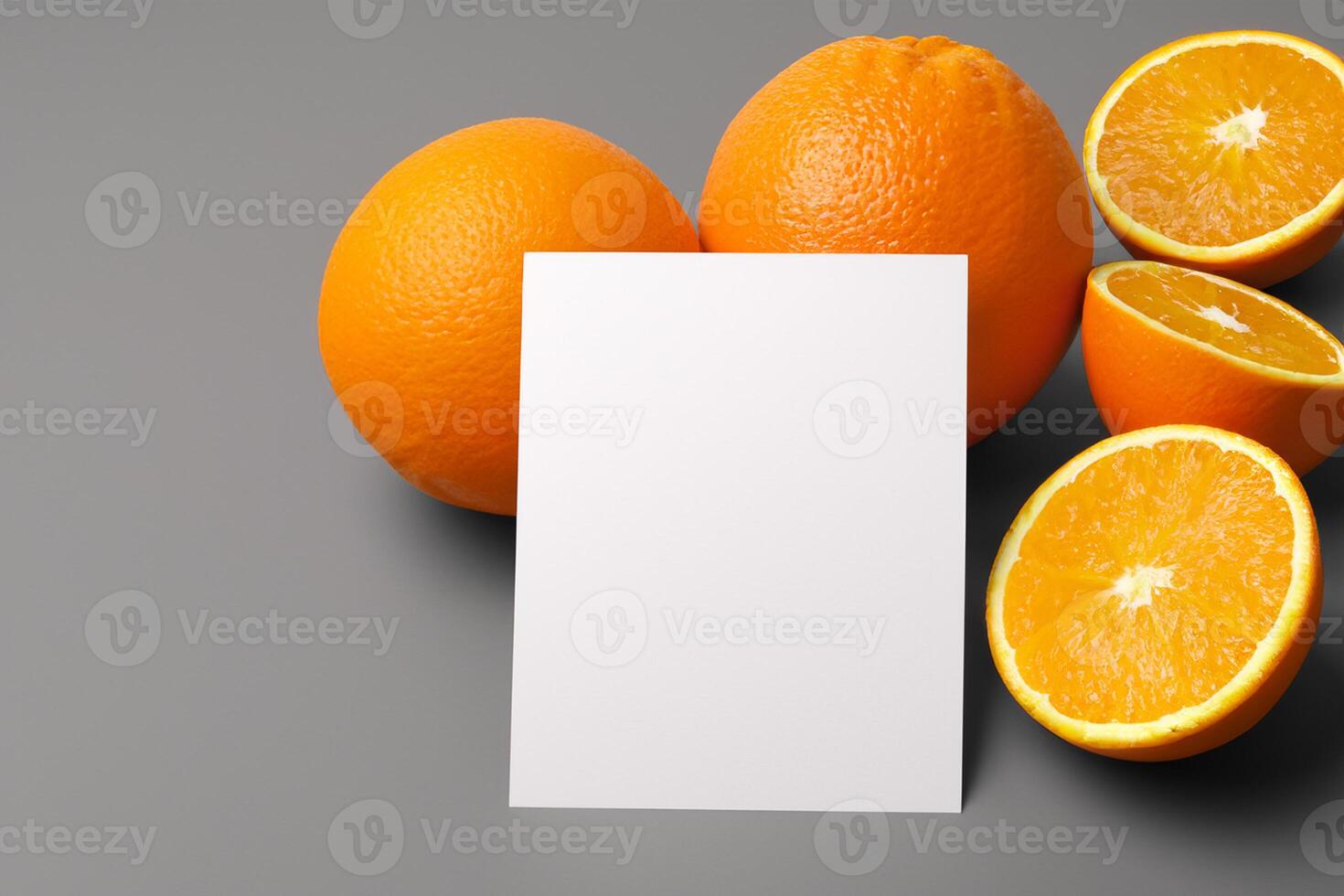 Generated imageWhite Paper Mockup Enlivened by the Zesty Aura of Fresh Oranges, Crafting a Visual Symphony of Culinary Opulence and Wholesome Design photo