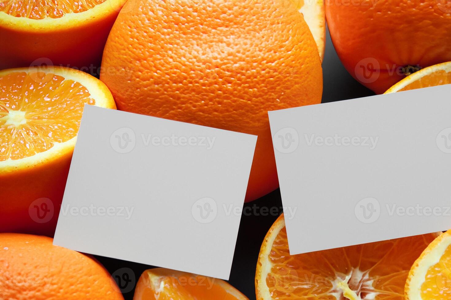 Generated imageWhite Paper Mockup Enlivened by the Zesty Aura of Fresh Oranges, Crafting a Visual Symphony of Culinary Opulence and Wholesome Design photo