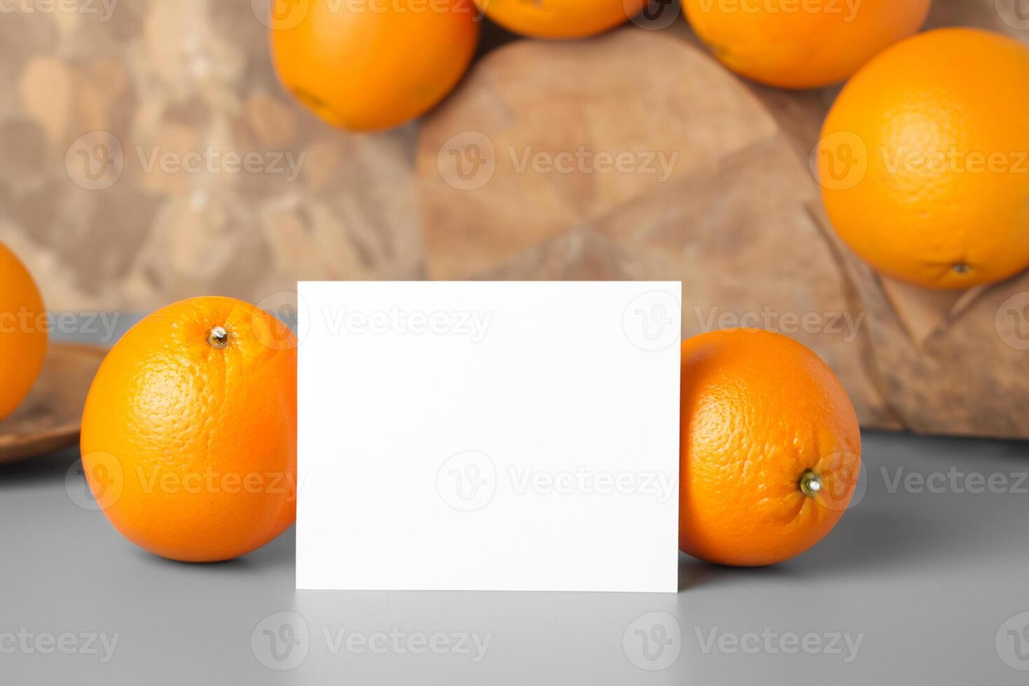 Generated imageWhite Paper Mockup Enlivened by the Zesty Aura of Fresh Oranges, Crafting a Visual Symphony of Culinary Opulence and Wholesome Design photo