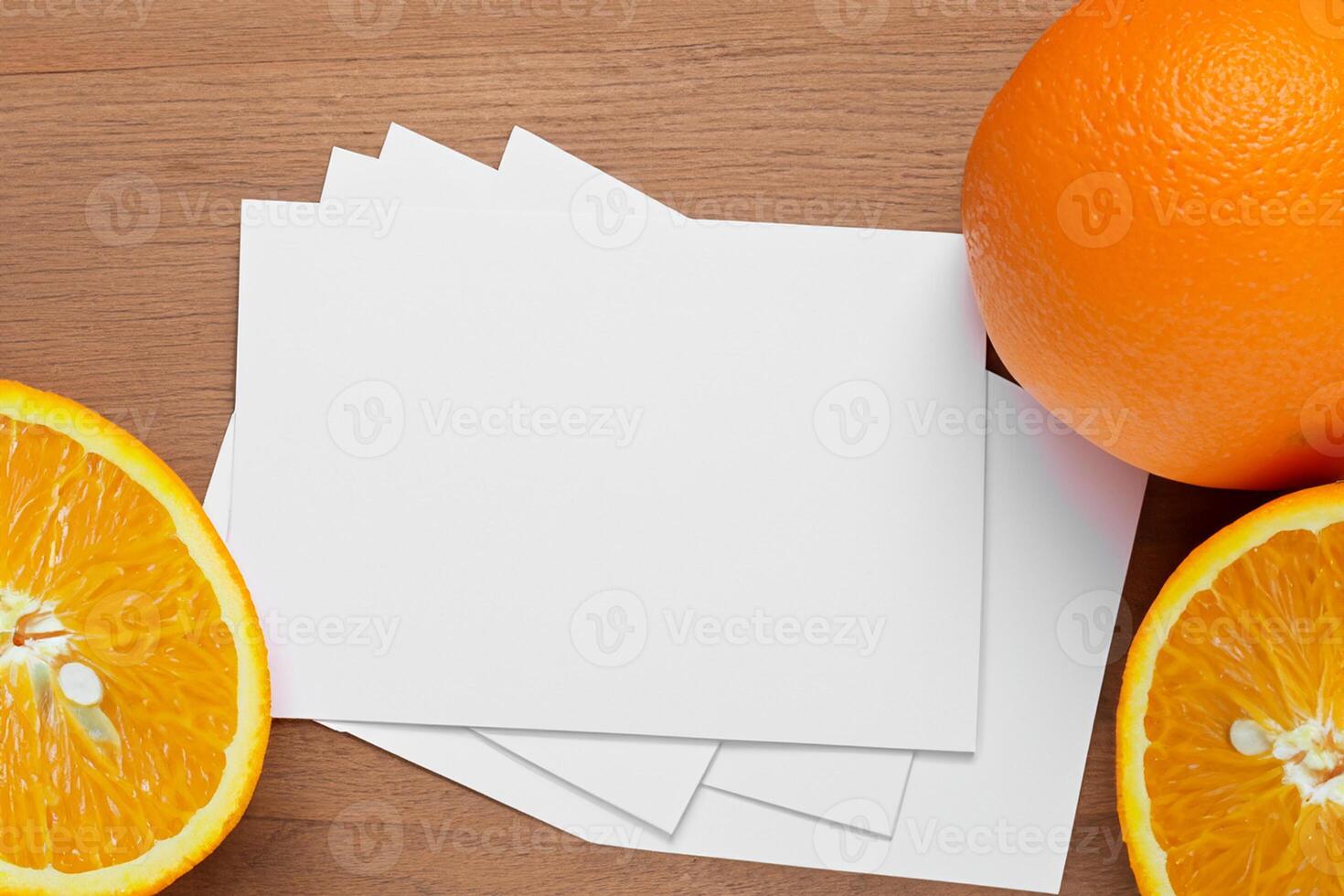 Generated imageWhite Paper Mockup Enlivened by the Zesty Aura of Fresh Oranges, Crafting a Visual Symphony of Culinary Opulence and Wholesome Design photo