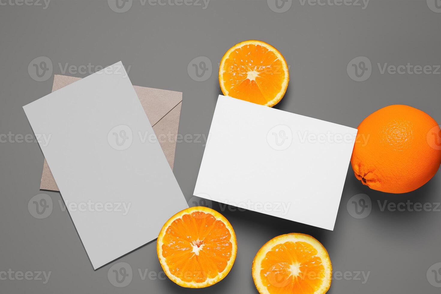 Generated imageWhite Paper Mockup Enlivened by the Zesty Aura of Fresh Oranges, Crafting a Visual Symphony of Culinary Opulence and Wholesome Design photo