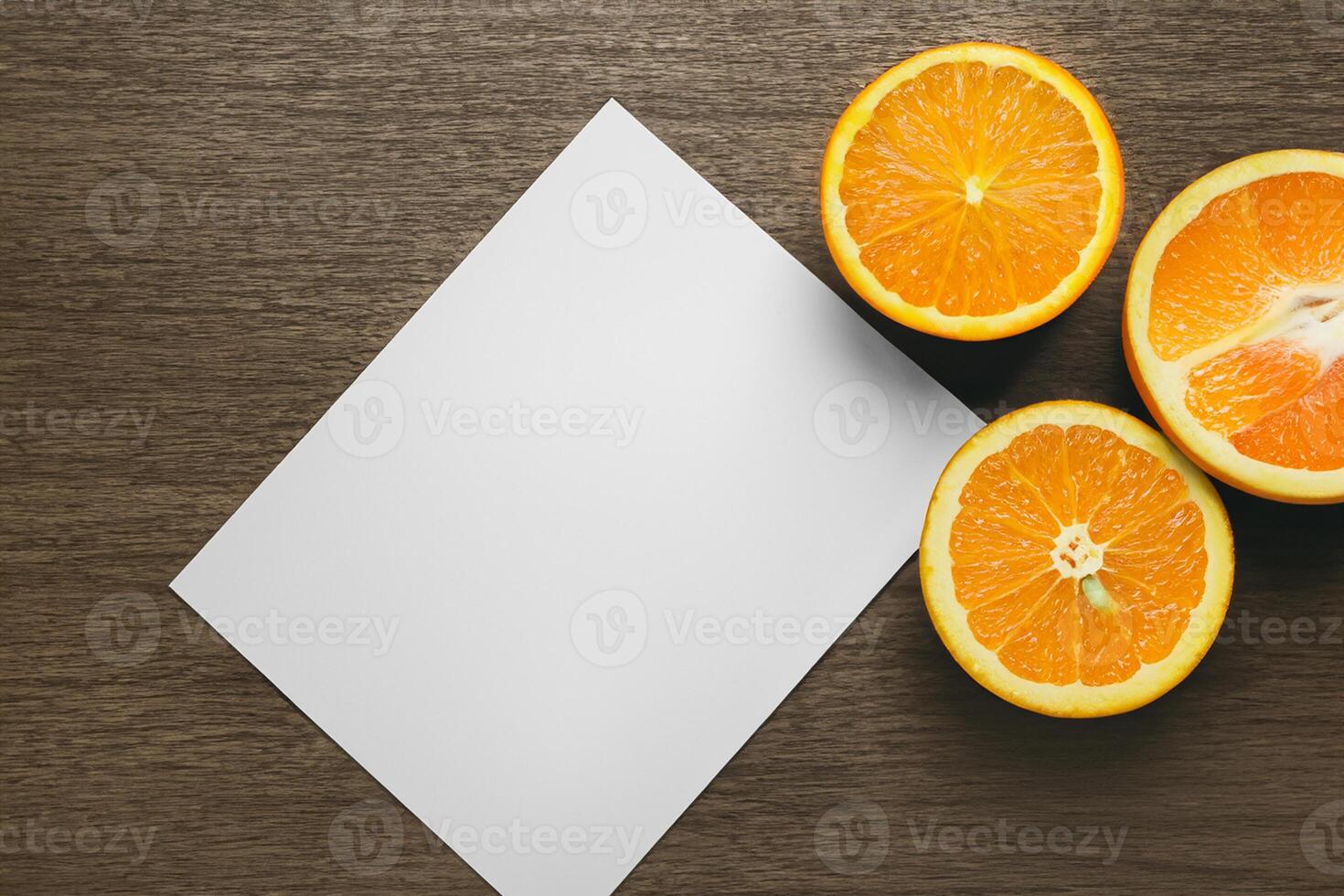 Generated imageWhite Paper Mockup Enlivened by the Zesty Aura of Fresh Oranges, Crafting a Visual Symphony of Culinary Opulence and Wholesome Design photo