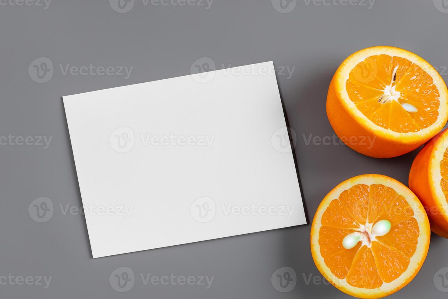 Generated imageWhite Paper Mockup Enlivened by the Zesty Aura of Fresh Oranges, Crafting a Visual Symphony of Culinary Opulence and Wholesome Design photo