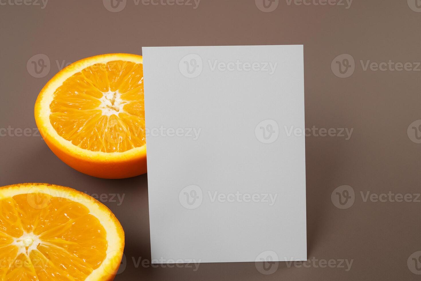 Generated imageWhite Paper Mockup Enlivened by the Zesty Aura of Fresh Oranges, Crafting a Visual Symphony of Culinary Opulence and Wholesome Design photo