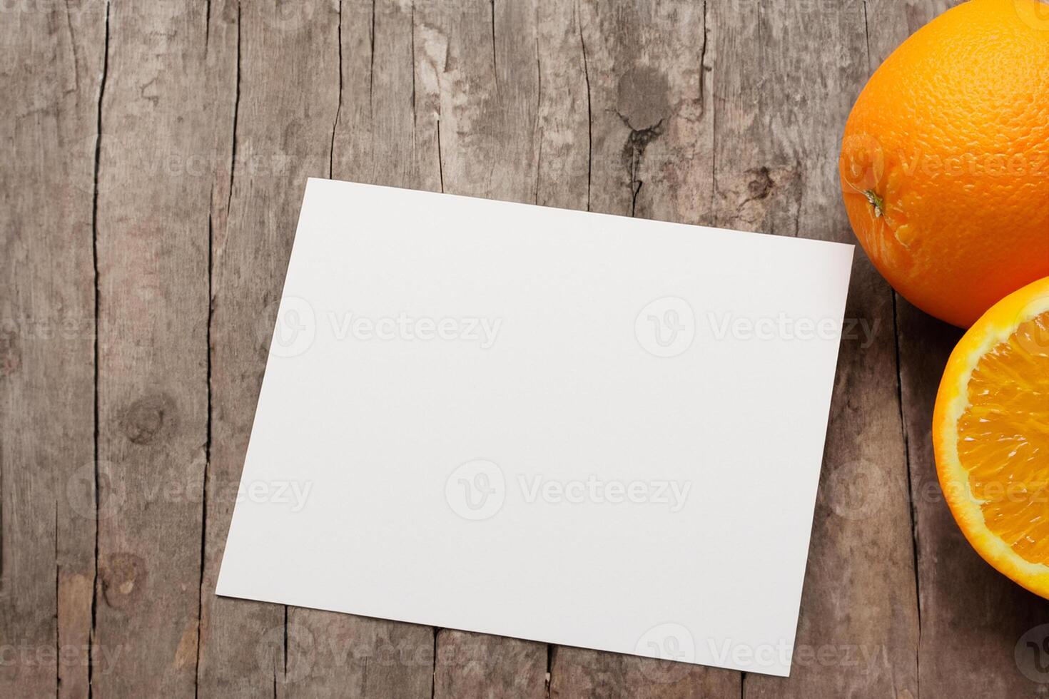 Generated imageWhite Paper Mockup Enlivened by the Zesty Aura of Fresh Oranges, Crafting a Visual Symphony of Culinary Opulence and Wholesome Design photo