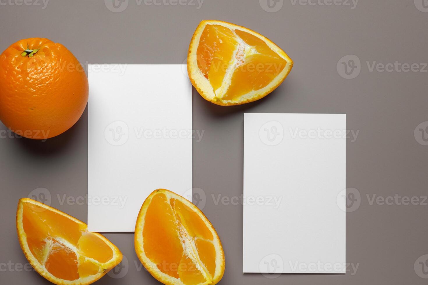 Generated imageWhite Paper Mockup Enlivened by the Zesty Aura of Fresh Oranges, Crafting a Visual Symphony of Culinary Opulence and Wholesome Design photo