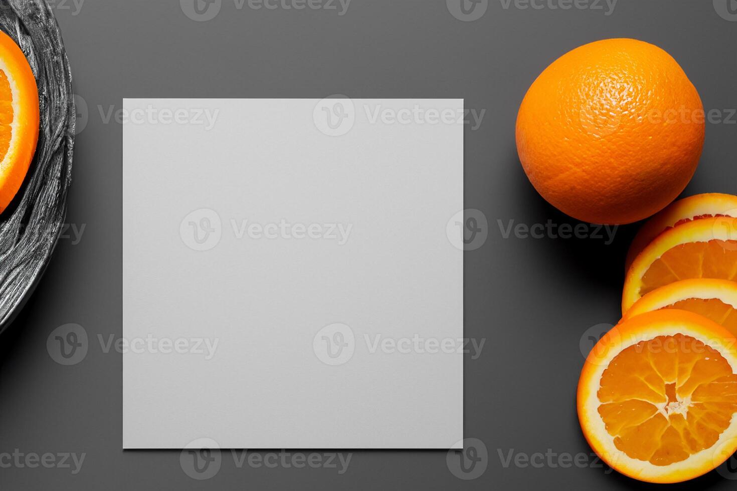 White Paper Mockup Enlivened by the Zesty Aura of Fresh Oranges, Crafting a Visual Symphony of Culinary Opulence and Wholesome Design photo