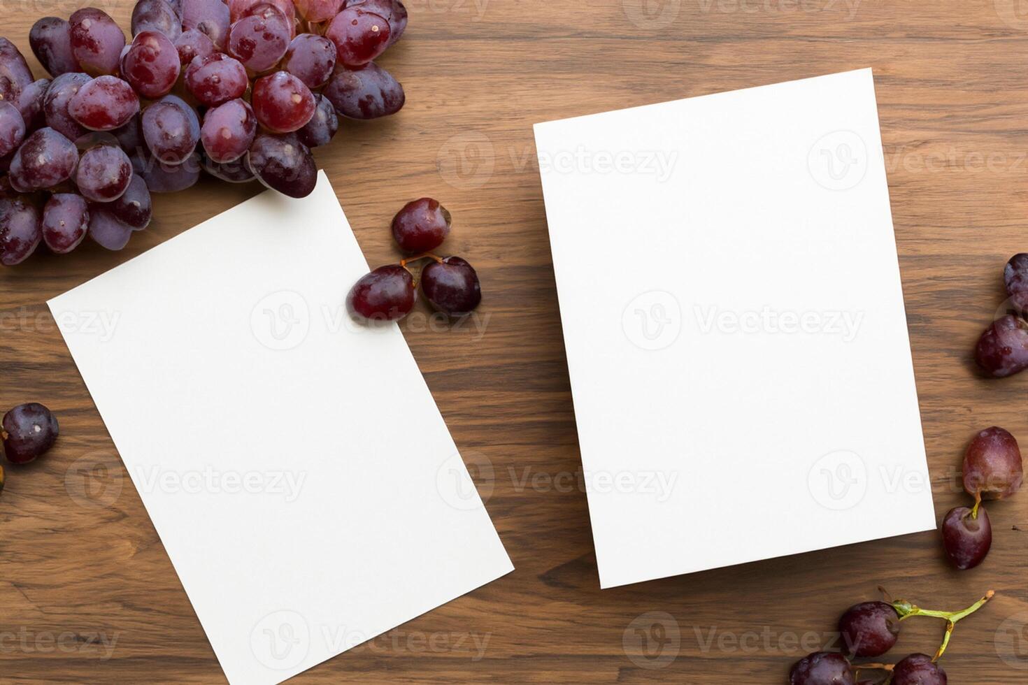 White Paper Mockup Enhanced by the Juicy Allure of Fresh Grapes, Crafting a Visual Symphony of Culinary Elegance and Wholesome Imagery, Where Graphic Design Flourishes in a Feast of Vibrant Creativity photo