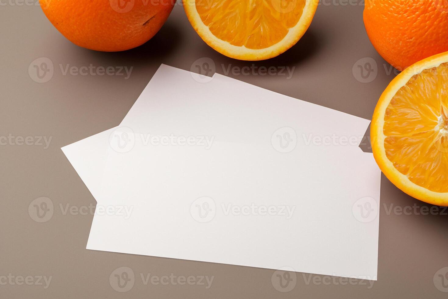 White Paper Mockup Enlivened by the Zesty Aura of Fresh Oranges, Crafting a Visual Symphony of Culinary Opulence and Wholesome Design photo
