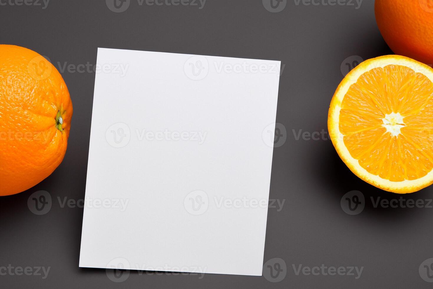 White Paper Mockup Enlivened by the Zesty Aura of Fresh Oranges, Crafting a Visual Symphony of Culinary Opulence and Wholesome Design photo