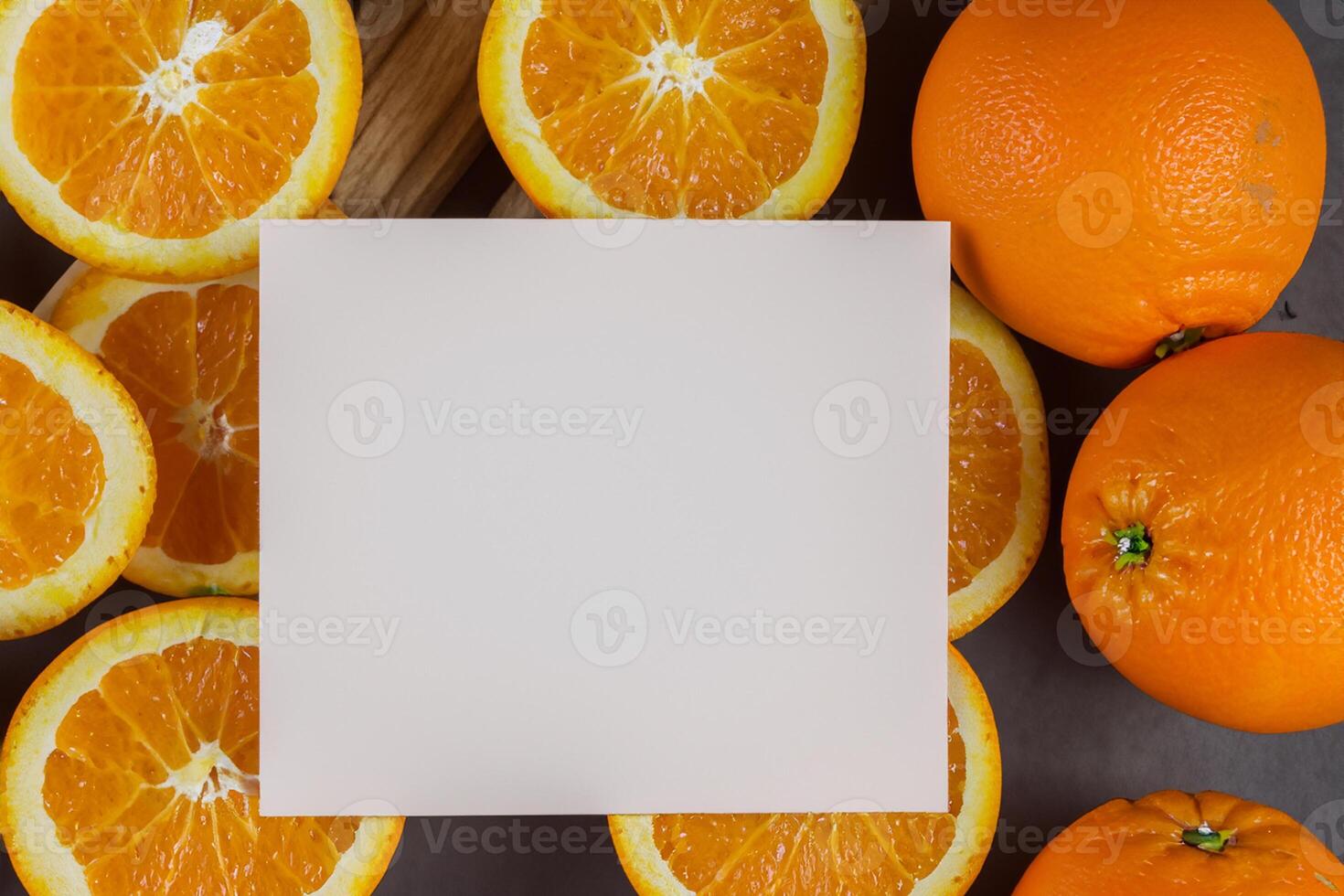 White Paper Mockup Enlivened by the Zesty Aura of Fresh Oranges, Crafting a Visual Symphony of Culinary Opulence and Wholesome Design photo