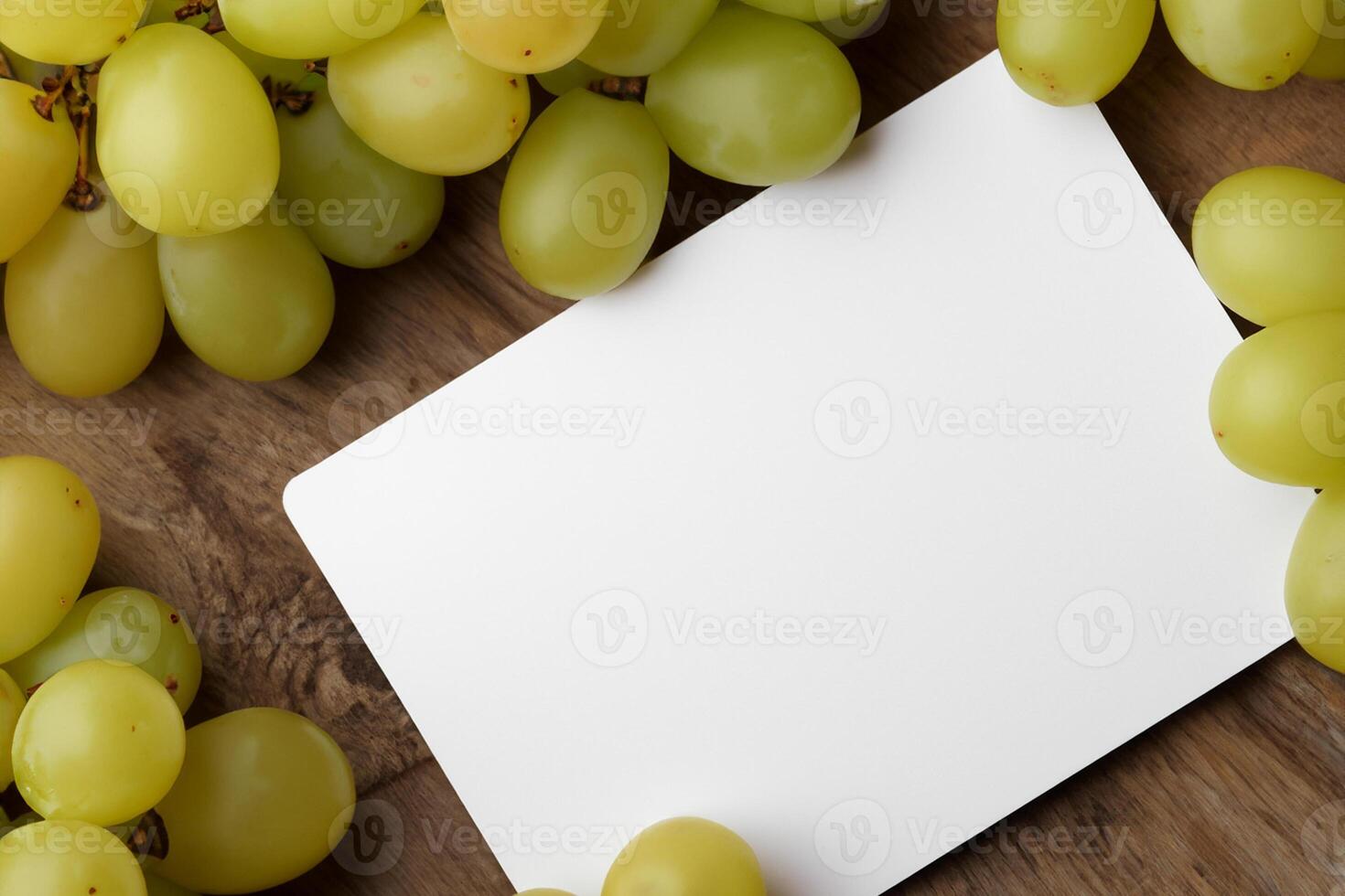 White Paper Mockup Enhanced by the Juicy Allure of Fresh Grapes, Crafting a Visual Symphony of Culinary Elegance and Wholesome Imagery, Where Graphic Design Flourishes in a Feast of Vibrant Creativity photo