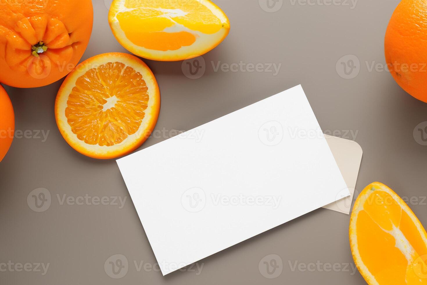 White Paper Mockup Enlivened by the Zesty Aura of Fresh Oranges, Crafting a Visual Symphony of Culinary Opulence and Wholesome Design photo