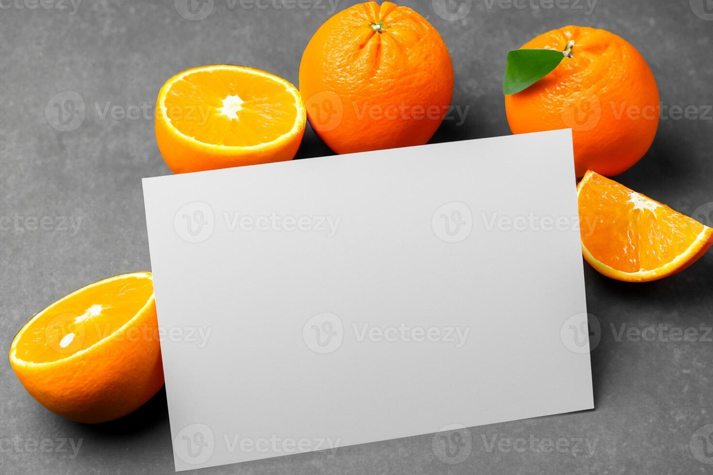 White Paper Mockup Enlivened by the Zesty Aura of Fresh Oranges, Crafting a Visual Symphony of Culinary Opulence and Wholesome Design photo