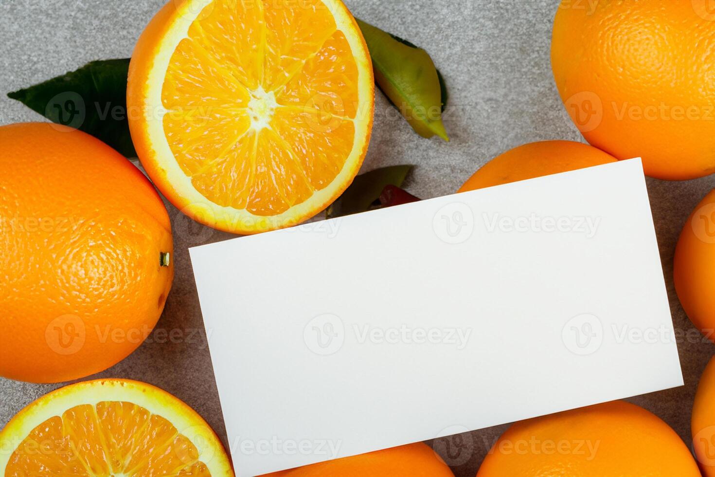 White Paper Mockup Enlivened by the Zesty Aura of Fresh Oranges, Crafting a Visual Symphony of Culinary Opulence and Wholesome Design photo