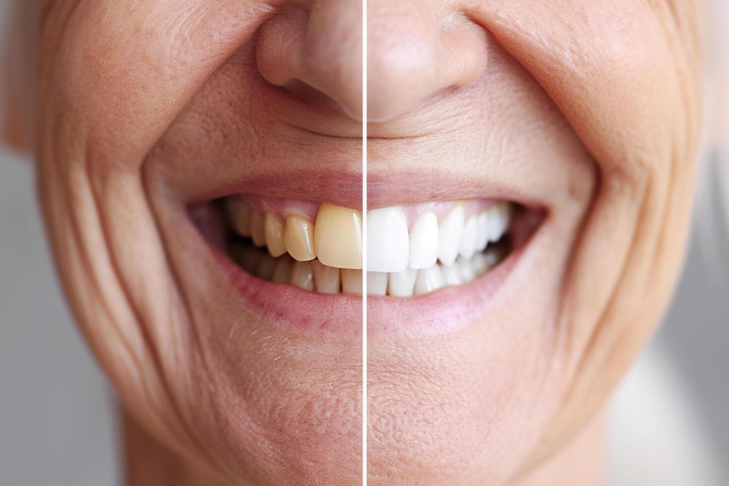 comparación de un mayor mujer sonrisa antes de y después dientes blanqueo foto