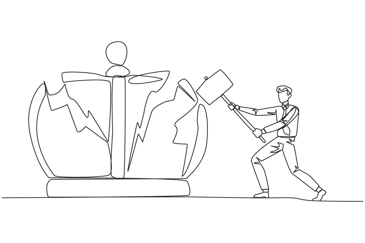 Single continuous line drawing businessman preparing to hit big crown. Rampage. Destroying the symbols of authoritarian kingdom. Expect justice for business people. One line design illustration vector