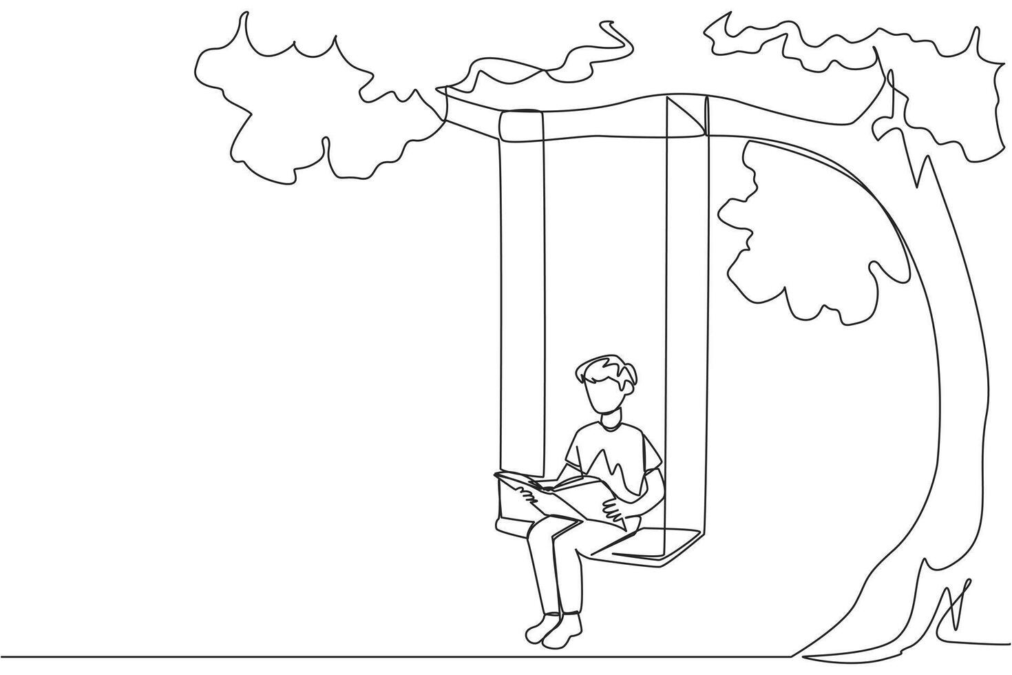 Continuous one line drawing man sitting on a swing under a shady tree reading a book. High enthusiasm for reading. Read anywhere. Reading increases insight. Single line draw design illustration vector