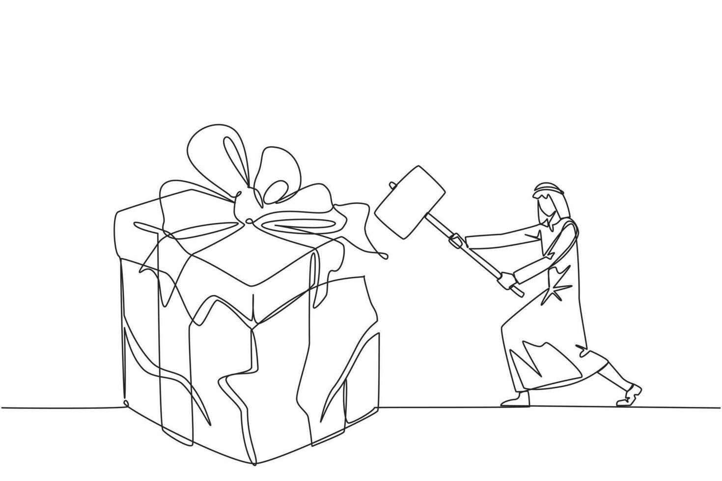 Continuous one line drawing Arabian businessman preparing to hit big gift box. Businessman expresses disappointment. Destroying everything in sight. Angry. Single line draw design illustration vector