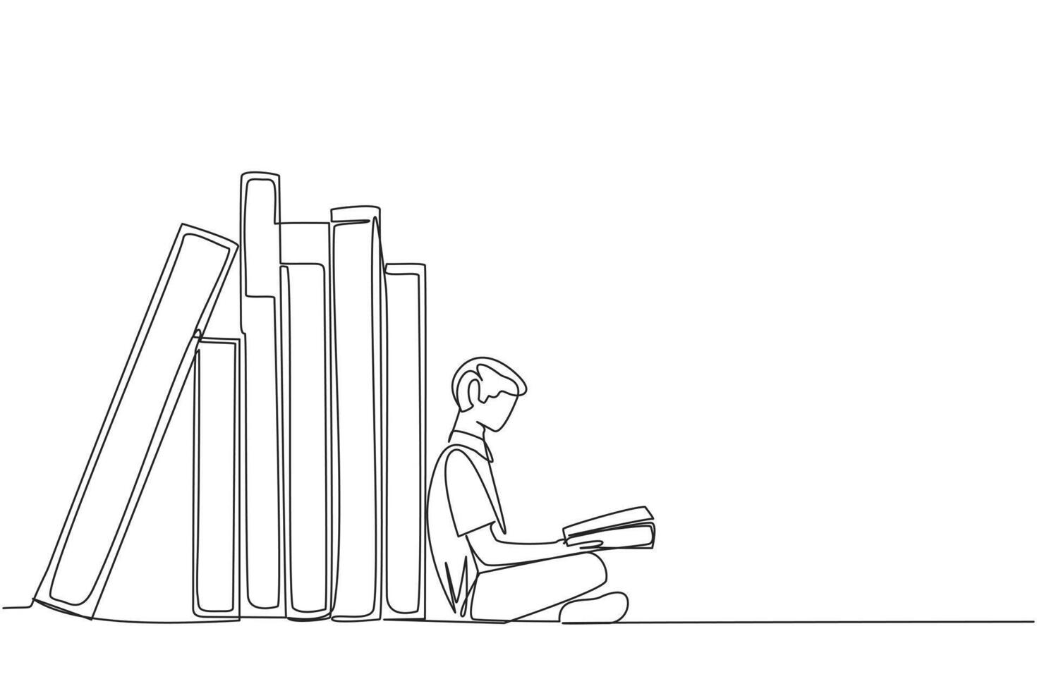 Single continuous line drawing man reading sitting leaning against a pile of books. Habit of reading books every day. Library. Good habit. Book festival concept. One line design illustration vector