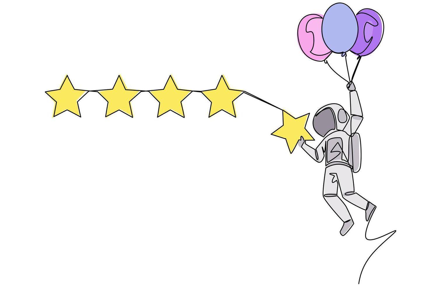 Single one line drawing young astronaut flying with balloon carry 1 star and want to align it with the other 4 stars. Trying to give perfect rating. Cosmic. Continuous line design graphic illustration vector