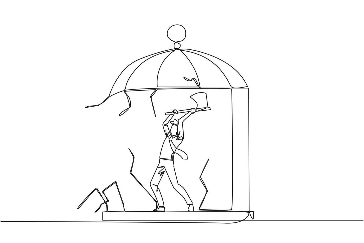 Continuous one line drawing businessman trapped in cage holding an axe and destroy the cage. Everything is done to be free. Rising anger. Disappointed. Single line draw design illustration vector