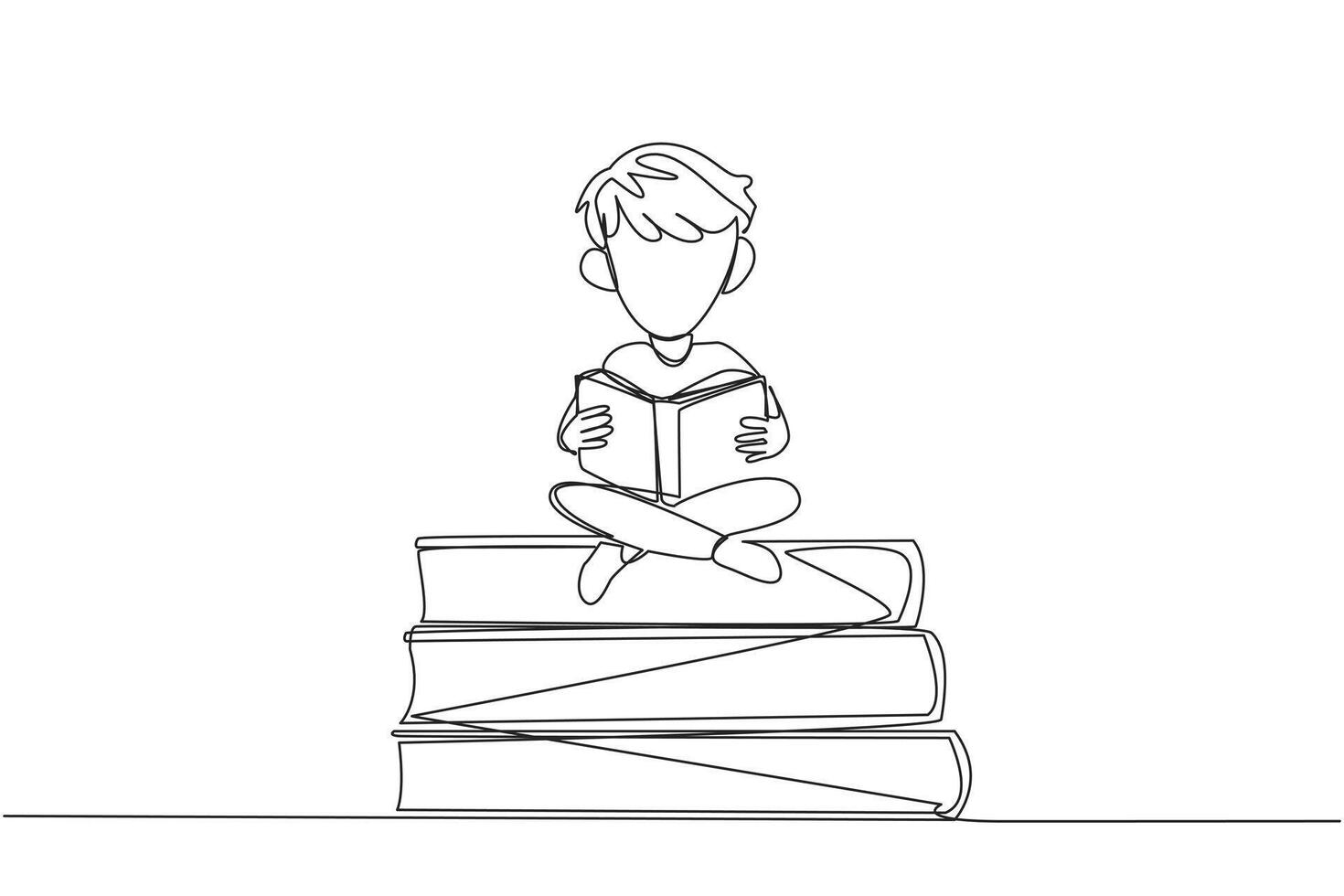 Single continuous line drawing boy sitting cross-legged on pile of large books. Reading comic. Reading textbook. Read scientific journals. Reading increase insight. One line design illustration vector