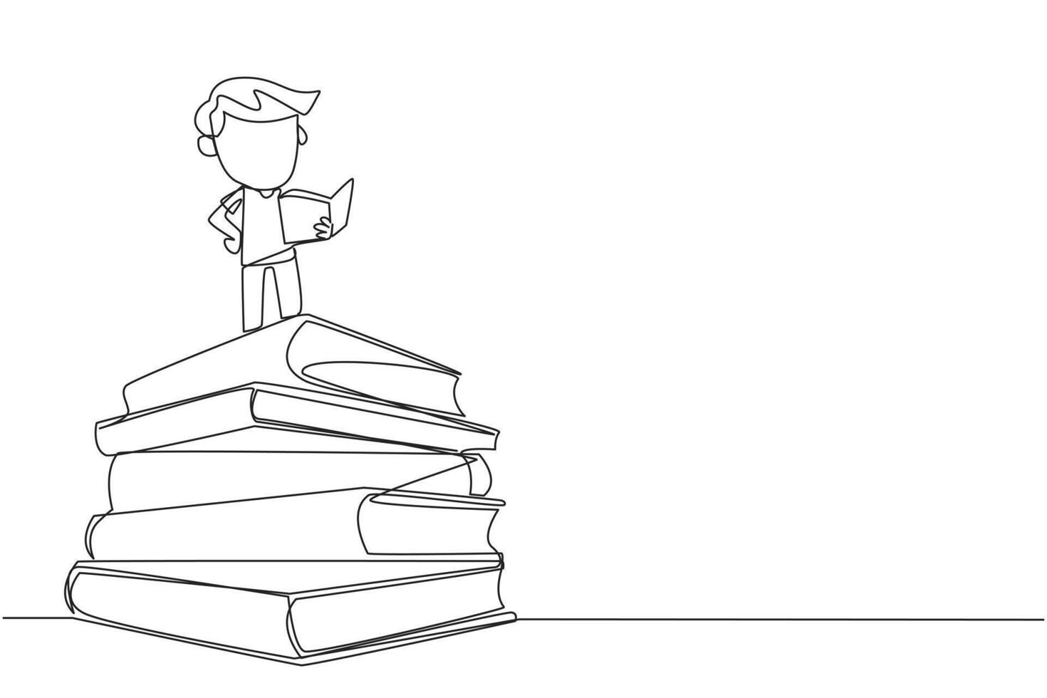 Single one line drawing boy standing on pile of books reading a fiction story book. Intrigued by the book series. Read anywhere to finish reading. Reading. Continuous line design graphic illustration vector