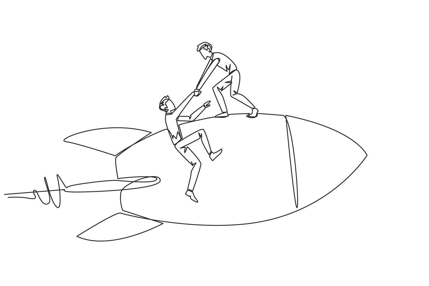 Single continuous line drawing businessman helps colleague climb flying rocket. Metaphor help in managing company branches. Skyrocketed like the previous business. One line design illustration vector