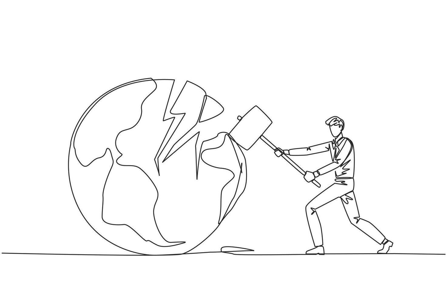 Continuous one line drawing businessman preparing to hit the big globe. Disappointed with the world. Businesses fall apart before it grow. Deepest anger. Single line draw design illustration vector