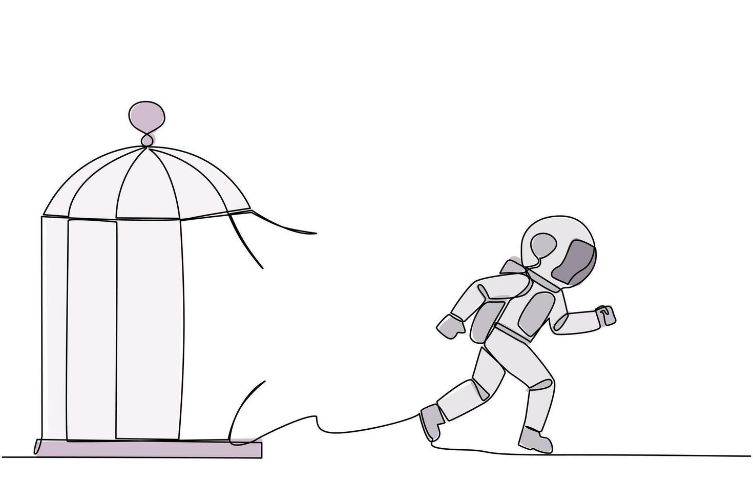 Single one line drawing young astronaut trapped in the cage running through the cage. Metaphor penetrates the maximum limit of self. Desire to succeed. Continuous line design graphic illustration vector