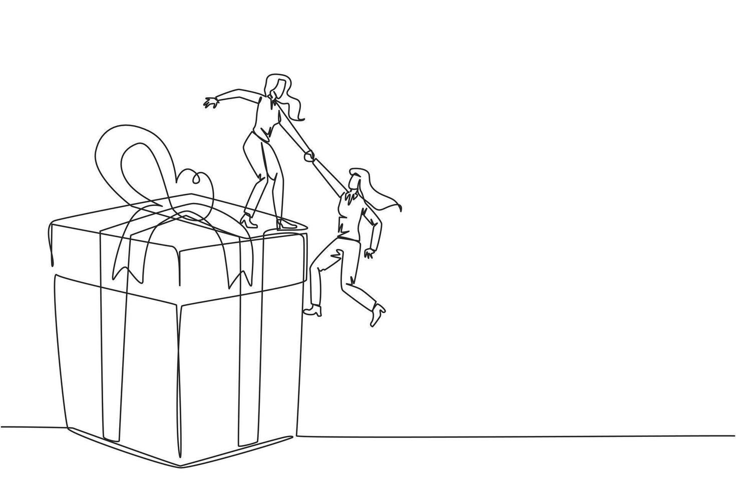 Single one line drawing businesswoman helps colleague climb big gift box. Integrated teamwork to reach the highest level for rewards. Helping each other. Continuous line design graphic illustration vector