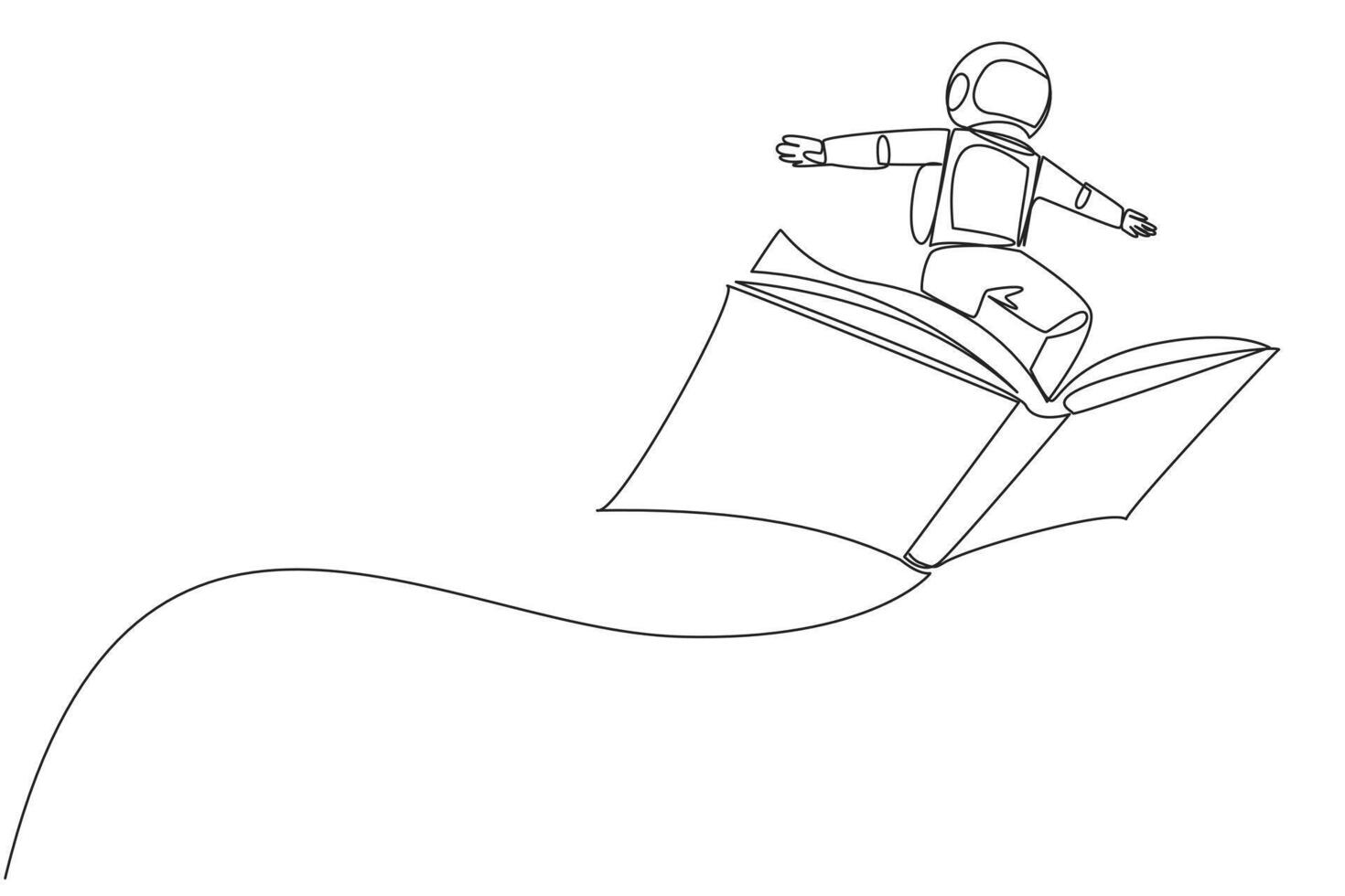 Continuous one line drawing astronaut standing on large flying open book. Like riding a cloud, able to fly as high as possible. Reading increase insight. Single line draw design illustration vector