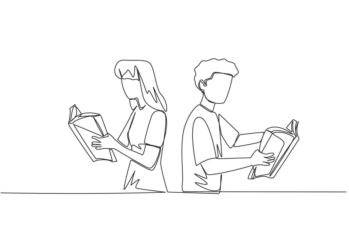 Single one line drawing man woman very focused on reading the book. Reading fiction story books during holidays. Book festival concept. Very good habit. Continuous line design graphic illustration vector