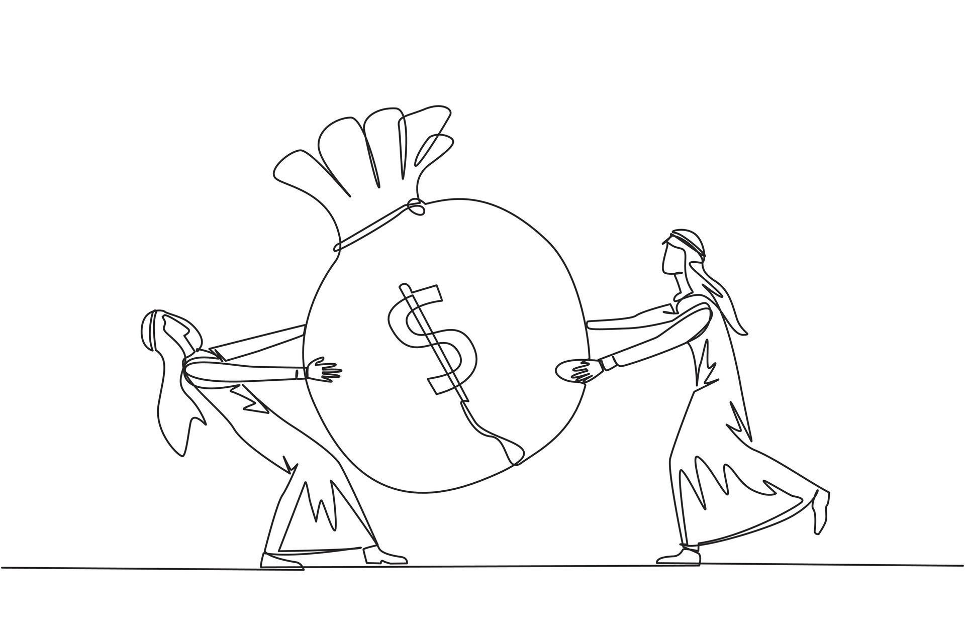 Continuous one line drawing two Arabian businessman fighting over money