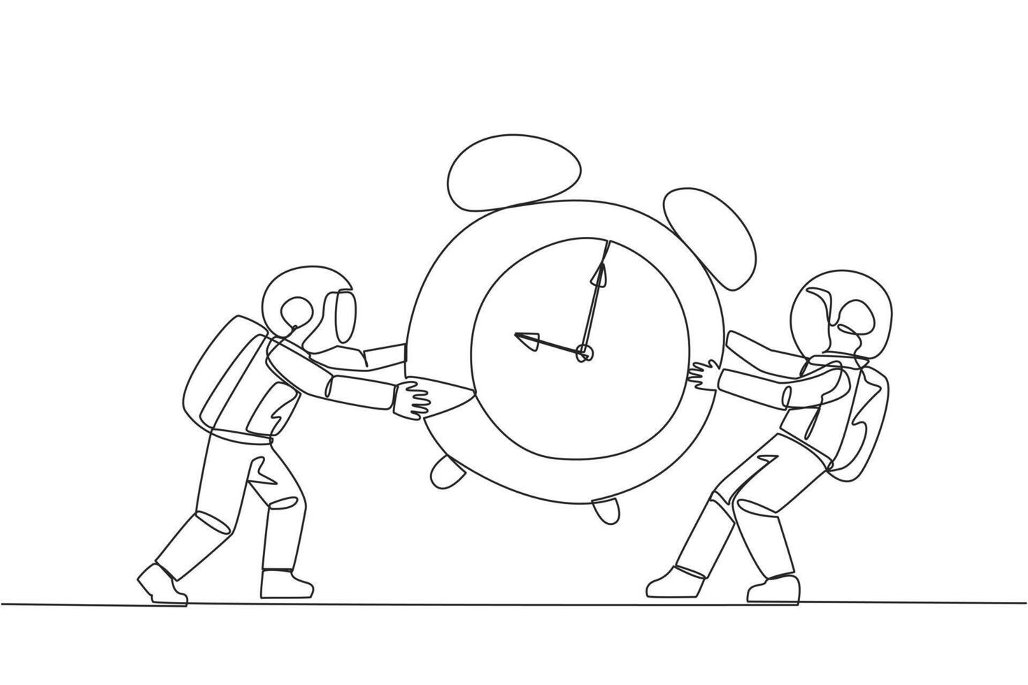 Continuous one line drawing two emotional astronaut fighting over the big alarm clock. The concept of fighting for rare items for prestige. Conflict. Space. Single line draw design illustration vector