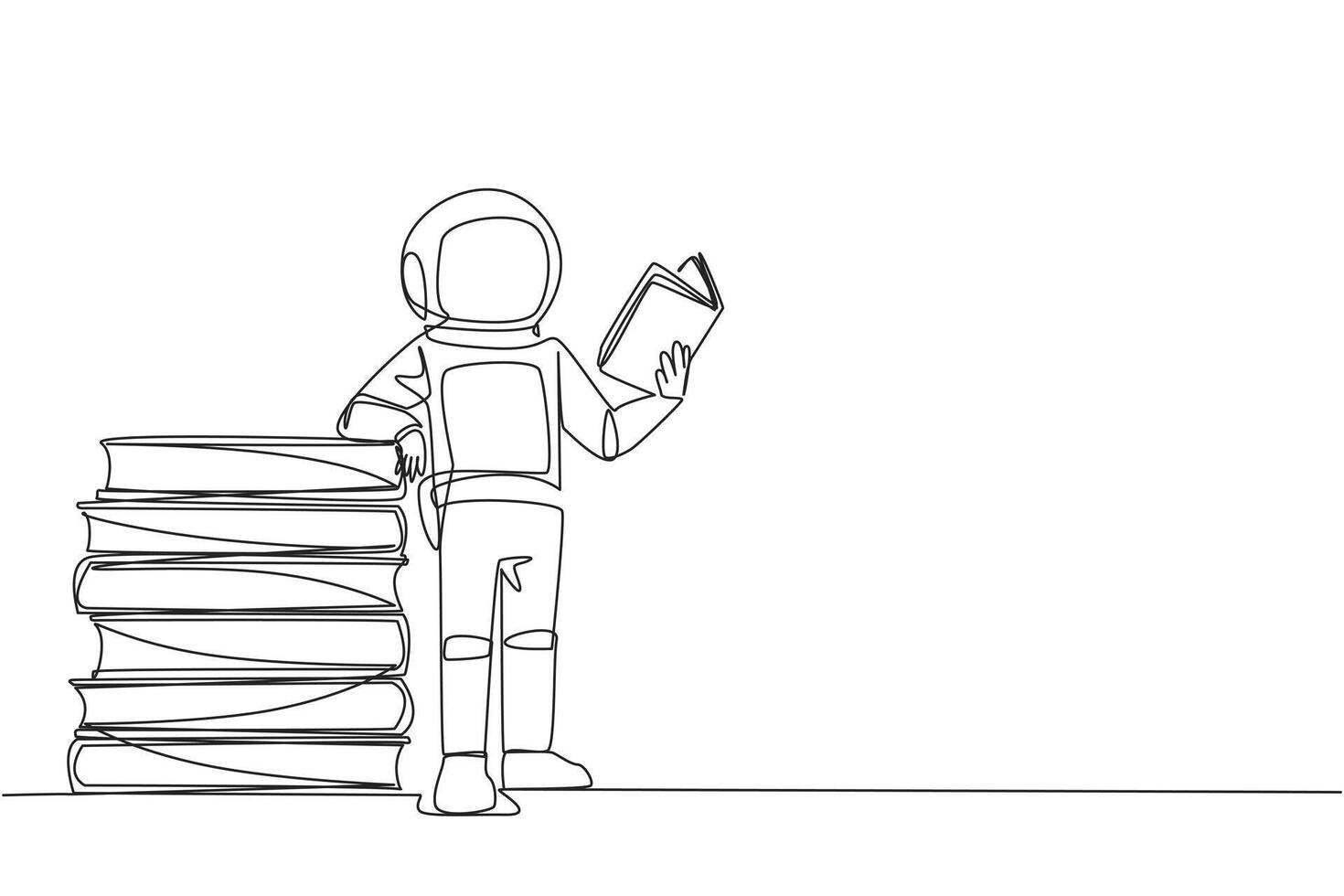 Single continuous line drawing astronaut standing reading book while leaning against a pile of large books. Hobby of reading anywhere. Very happy when reading. One line design illustration vector