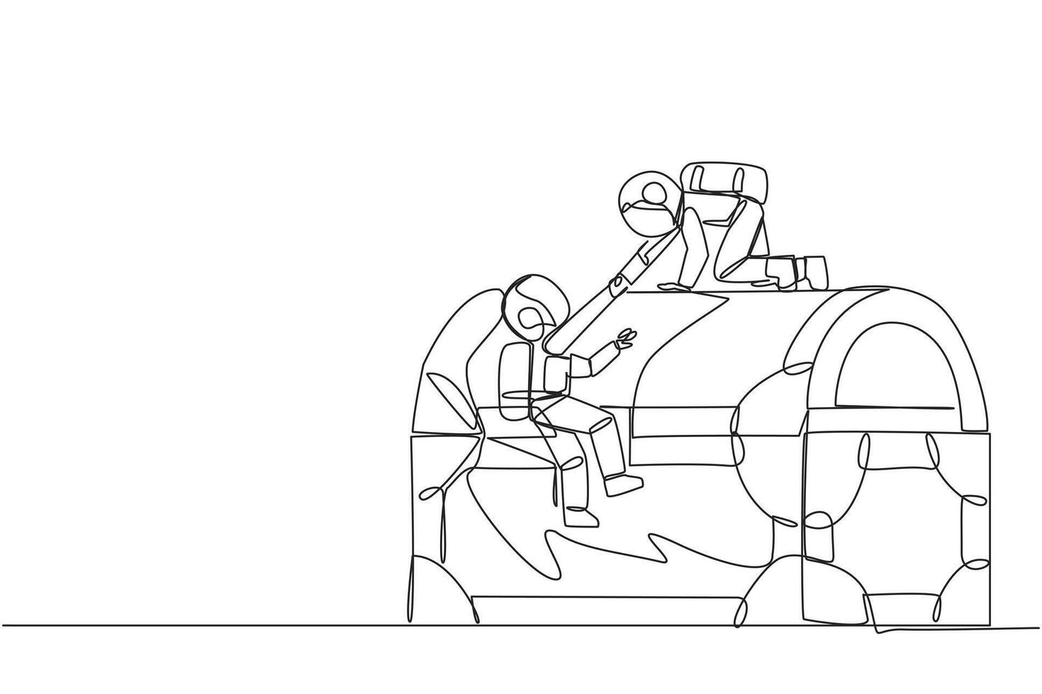 Single continuous line drawing young astronaut helps colleague climbing the big treasure chest. Get extraordinary profits. Share equally. Stronger together. Reward. One line design illustration vector