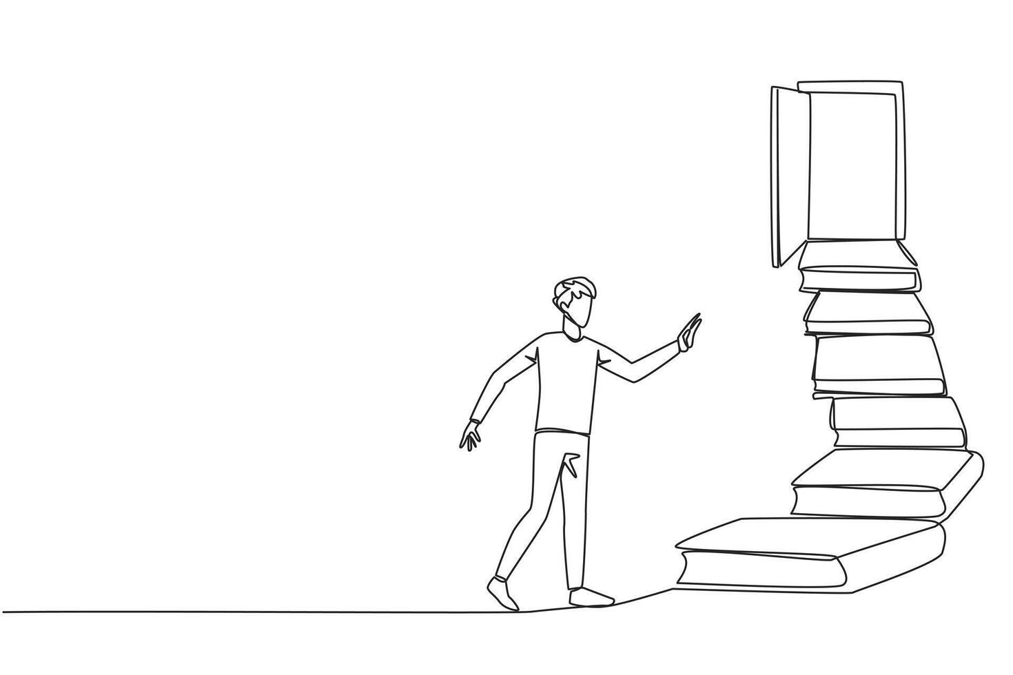 Single one line drawing man climb the stairs from the book stack. Towards the wide open door. Metaphor of finding the answers from books. Book festival. Continuous line design graphic illustration vector