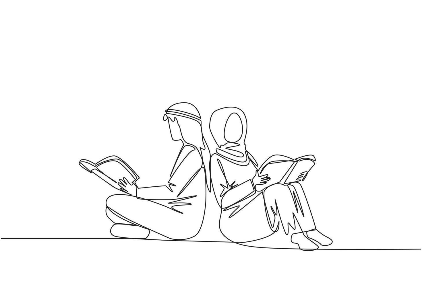 Single continuous line drawing Arab man woman sitting while reading the book. Reading the books to learn. The fast learner. Book festival concept. Happy reading. One line design illustration vector