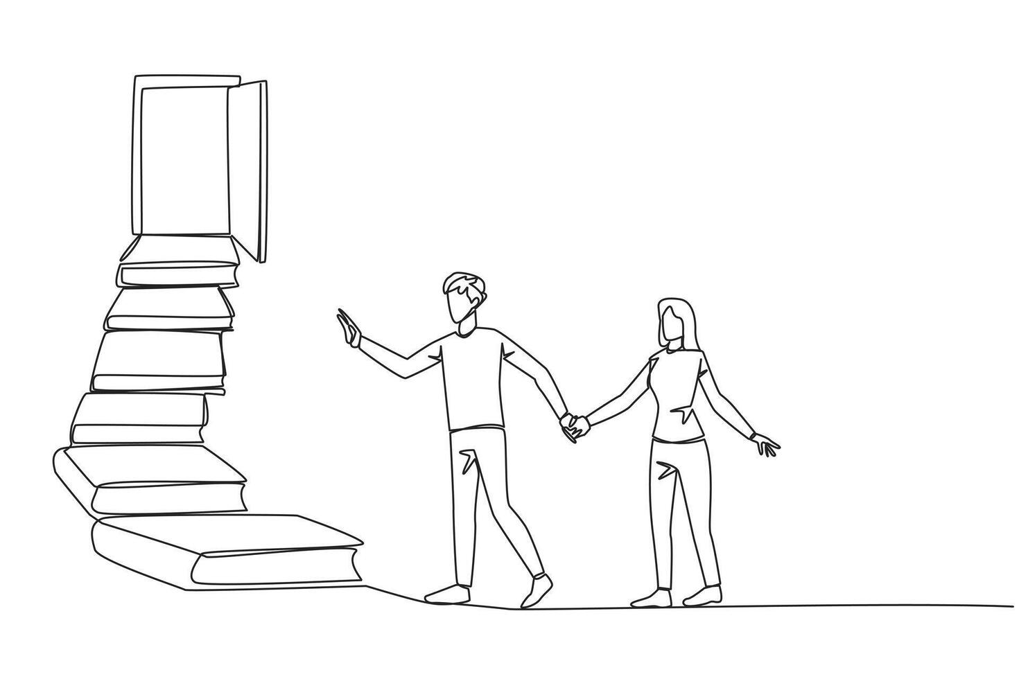 Single one line drawing man woman climb the stairs from the book stack. Towards the wide open door. Metaphor of finding answers from books. Book festival. Continuous line design graphic illustration vector