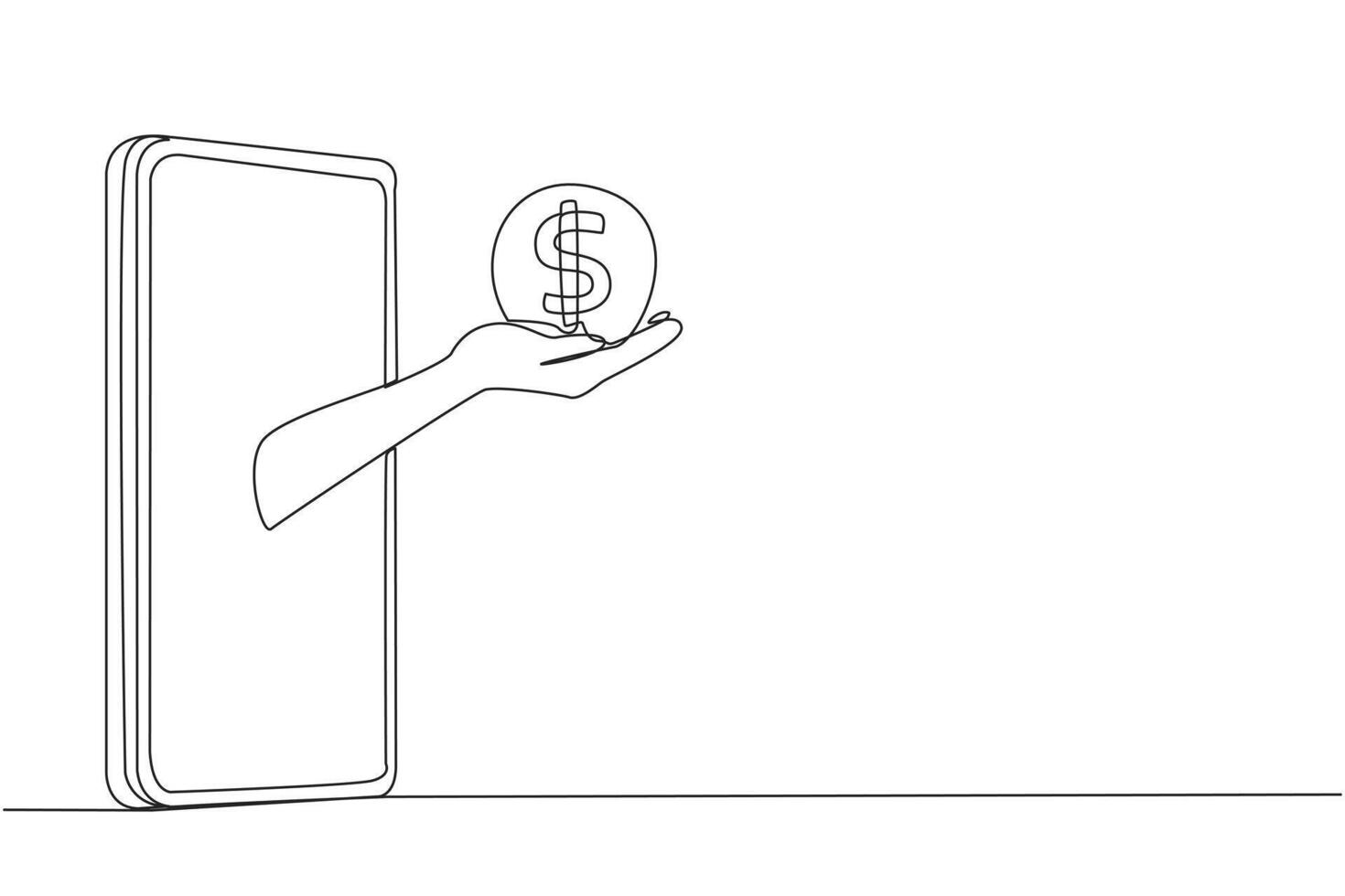 Continuous one line drawing the hand comes out from the middle of the smartphone holding the coin. No need to pay a fortune because get lots of discounts. Single line draw design illustration vector